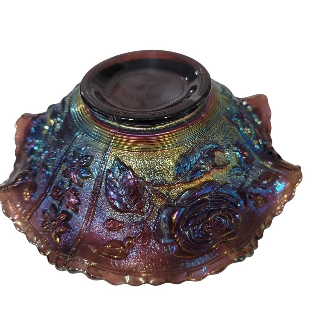 vintage electric purple iridescent carnival glass bowl with a floral rose print